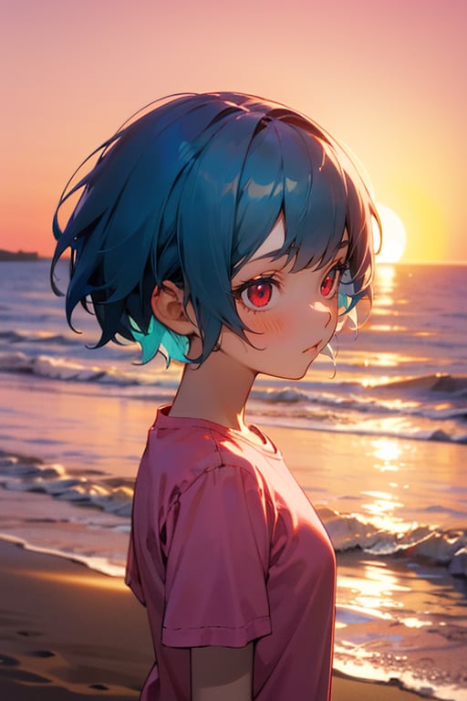 (masterpiece, best quality), highly detailed, 1girl, Pixie cut, blue hair, red eyes, pink shirt, short sleeves, upper body, outside, sand, sea, sunset, backlighting, eye-level shot