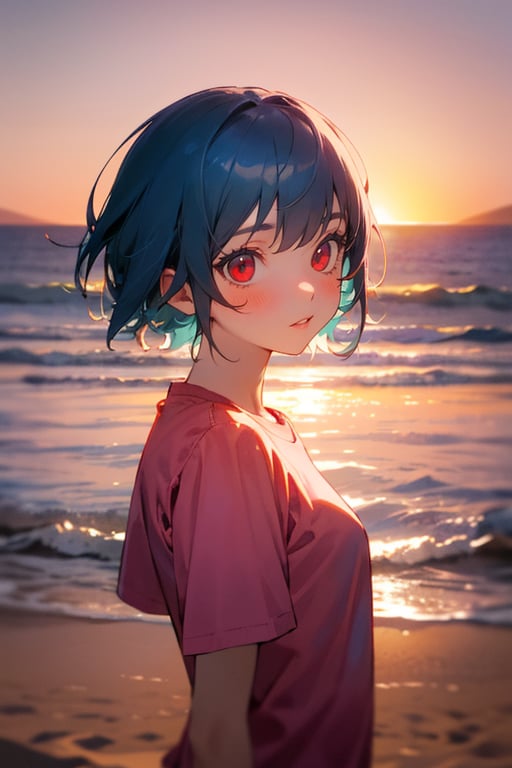 (masterpiece, best quality), highly detailed, 1girl, short hair, blue hair, red eyes, pink shirt, short sleeves, upper body, outside, sand, sea, sunset, backlighting