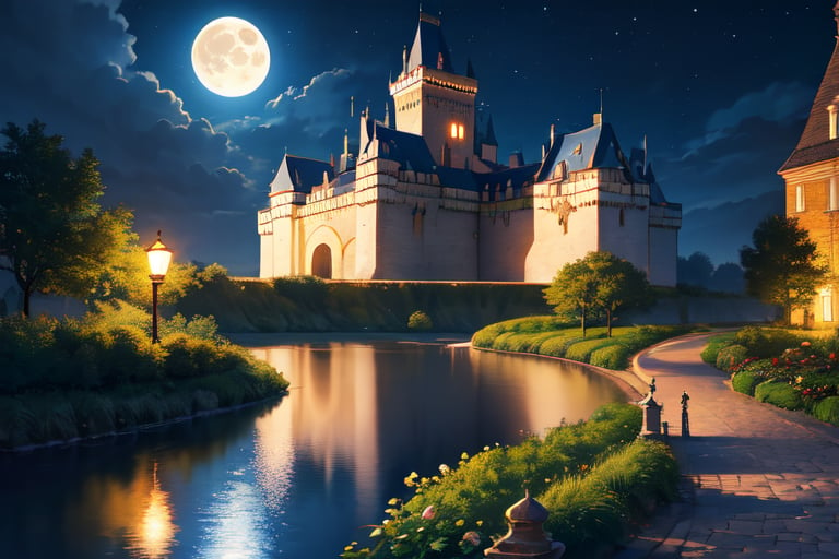 realistic, cover art, landscape, night, reflection, full moon, moonlight, rose, castle, shadow, darkness 