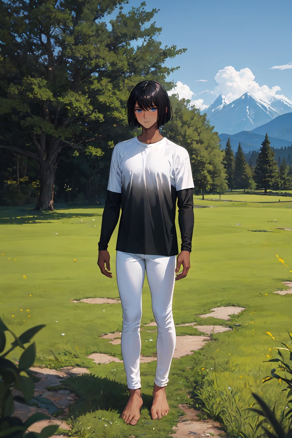 masterpiece, best quality, ultra detailed, absurdres, 1boy, dark skin, black hair, bob cut, black shirt, long sleeve, skinny pants, white pants, bare feet, standing, outdoor, grass, nature, mountains