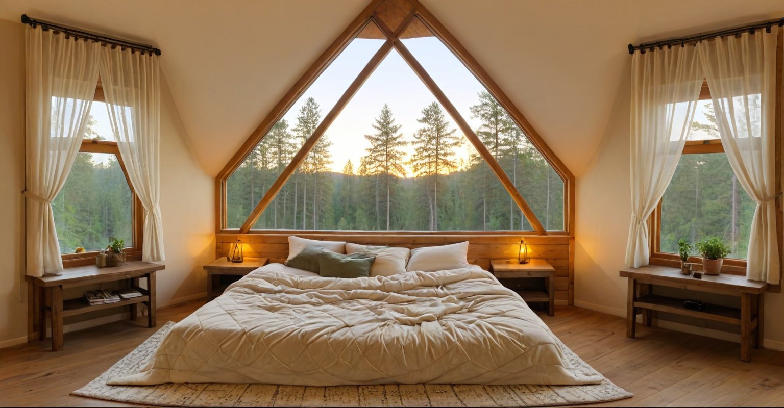 A cozy bedroom with soft, ambient lighting, featuring a unique triangle-shaped window overlooking a serene forest. The window lets in a warm, golden glow as the sun sets, casting intricate shadows on the wooden floor. The bed is adorned with plush, textured blankets and pillows, with a rustic wooden headboard. Soft, flowing curtains frame the triangle window, and a small plant sits on the windowsill, adding a touch of greenery. The room has a warm, earthy color palette, with detailed textures, high-quality rendering, 8k,360 View, 360