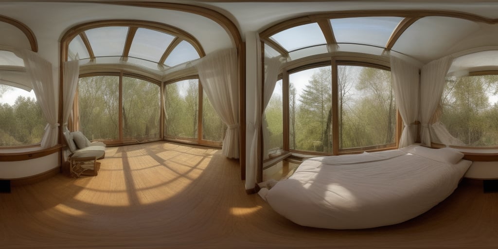 A cozy bedroom with a triangle-shaped window overlooking a serene forest, 360 View, 360, panorama, realism, 360全景