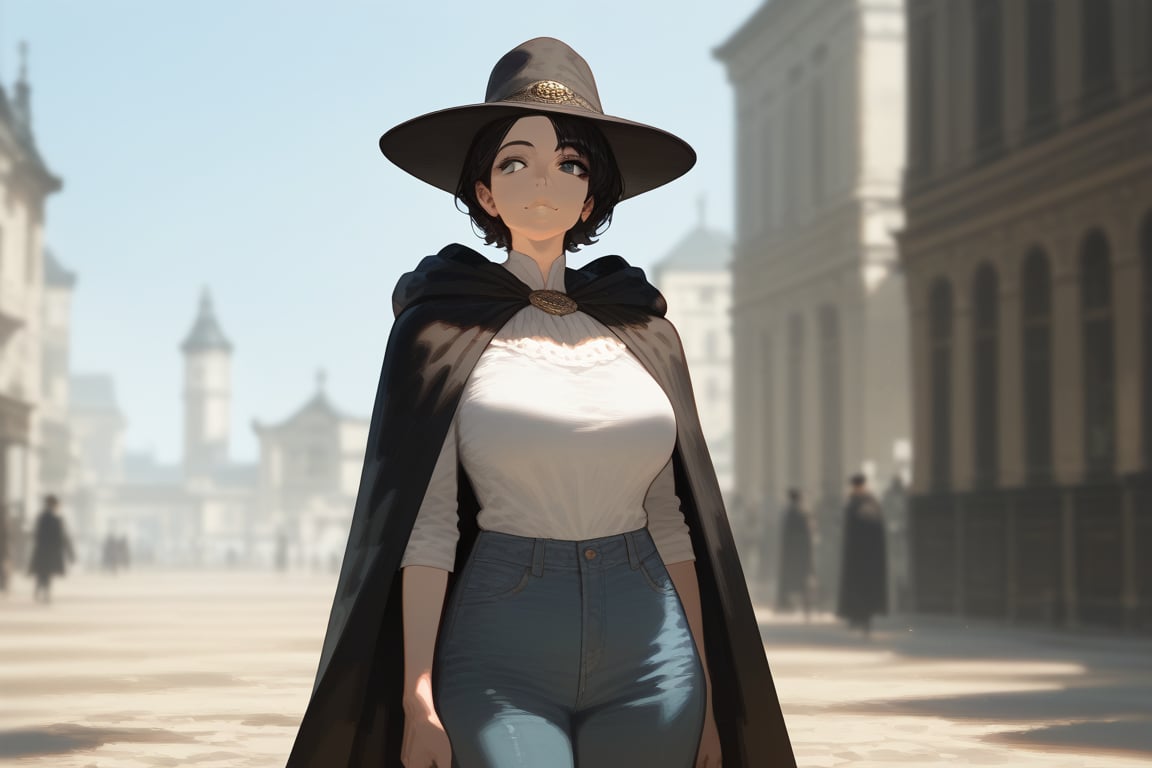 1girl, solo, mature female, pale skin, black hair, short hair, hat, lips, shirt, pants, cloak, standing, outdoors, full shot, depth of field, best quality, amazing quality, very aesthetic, best details, highres, score_9, score_8, score_7