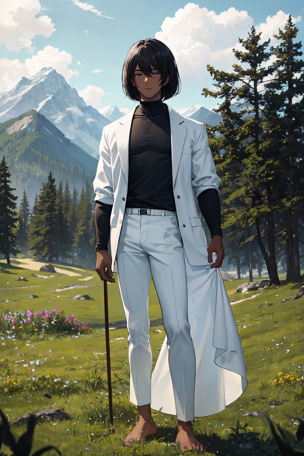 masterpiece, best quality, ultra detailed, absurdres, 1boy, dark skin, black hair, bob cut, shirt, black shirt, long sleeve, skinny pants, white pants, bare feet, standing, outdoor, grass, nature, mountains