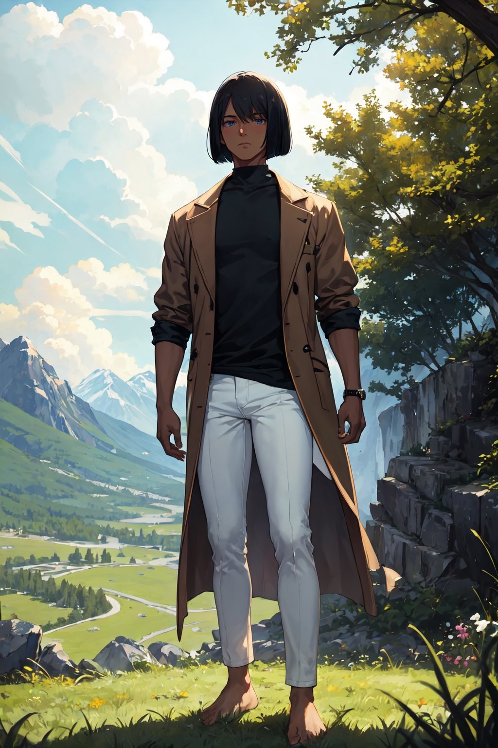 masterpiece, best quality, ultra detailed, highres, 1boy, dark skin, black hair, bob cut, shirt, black shirt, long sleeve, skinny pants, white pants, bare feet, standing, outdoor, grass, nature, mountains