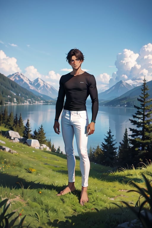 masterpiece, best quality, ultra detailed, absurdres, 1boy, mature man, dark skin, black shirt, long sleeve, skinny pants, white pants, bare feet, standing, outdoor, grass, nature, mountains