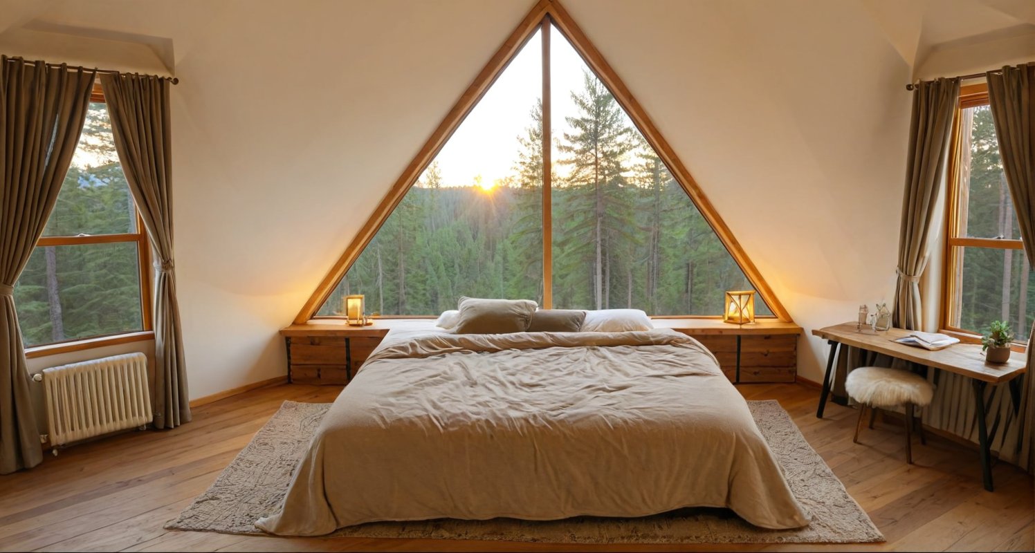 A cozy bedroom with soft, ambient lighting, featuring a unique triangle-shaped window overlooking a serene forest. The window lets in a warm, golden glow as the sun sets, casting intricate shadows on the wooden floor. The bed is adorned with plush, textured blankets and pillows, with a rustic wooden headboard. Soft, flowing curtains frame the triangle window, and a small plant sits on the windowsill, adding a touch of greenery. The room has a warm, earthy color palette, with detailed textures, high-quality rendering, 8k,360 View