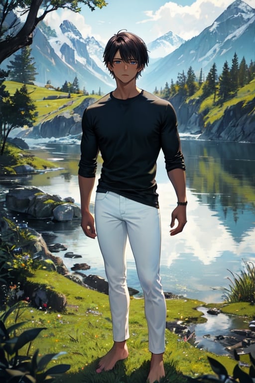 masterpiece, best quality, ultra detailed, highres, 1boy, dark skin, shirt, black shirt, long sleeve, skinny pants, white pants, bare feet, standing, outdoor, grass, nature, mountains