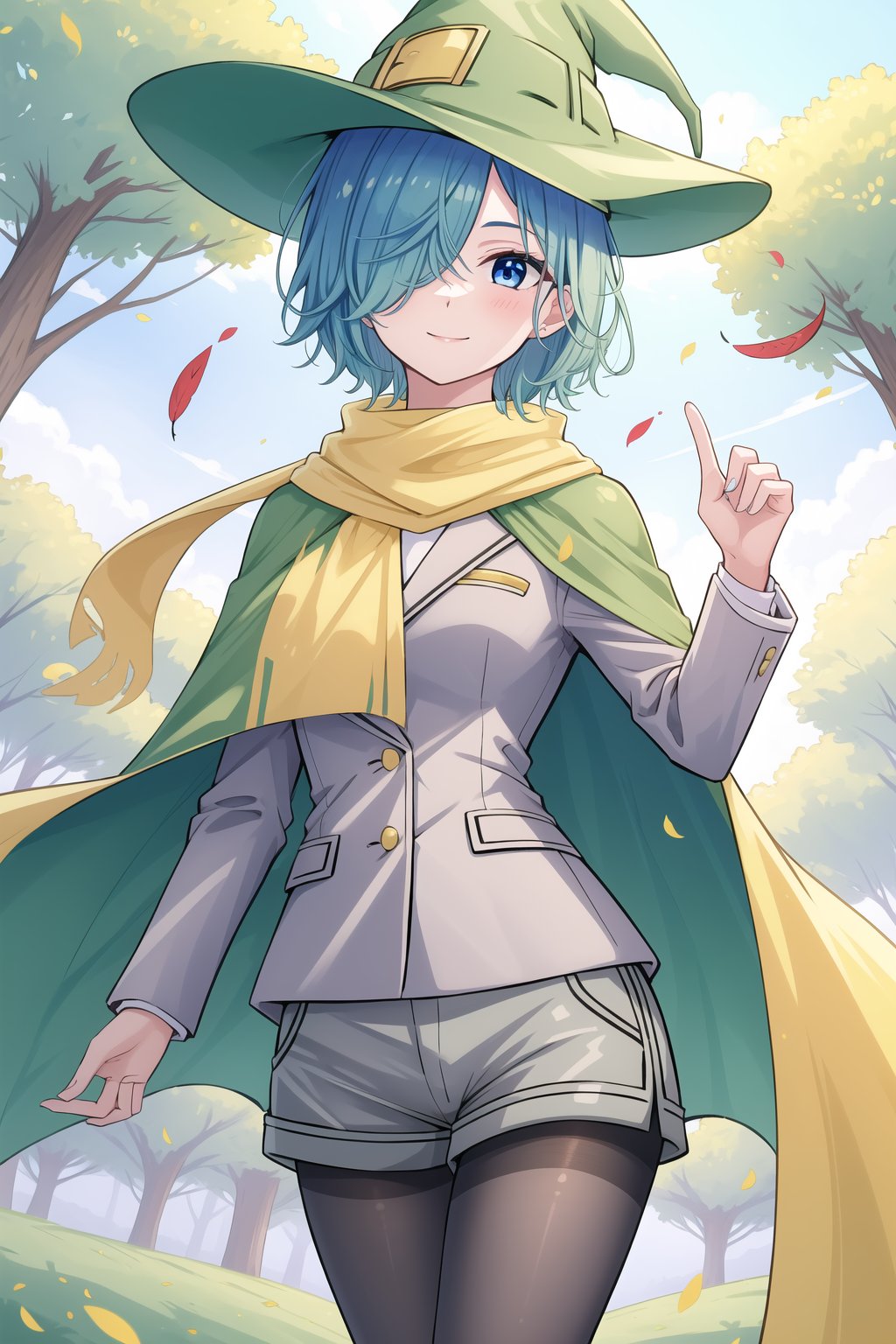 1girl, solo, looking at viewer, blush, smile, short hair, blue hair, blue eyes, half-open eyes, calm face, long sleeves, hat green, closed mouth, blue hair, jacket, pantyhose, outdoors, shorts, hand up, cape, hair over one eye, tree, black pantyhose, witch hat, cloak, forest, yellow scarf, grey jacket, green headwear, hat feather, white and red feather, grey shorts, green cape, feather in the hat, perfect hands, perfect finger, random standing pose