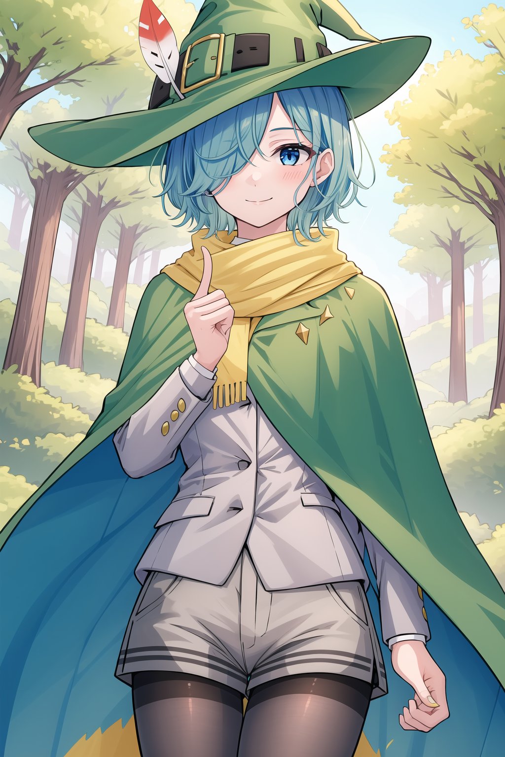 1girl, solo, looking at viewer, blush, smile, short hair, blue hair, blue eyes, half-open eyes, calm face, long sleeves, hat green, closed mouth, blue hair, jacket, pantyhose, outdoors, shorts, hand up, cape, hair over one eye, tree, black pantyhose, witch hat, cloak, forest, yellow scarf, grey jacket, green headwear, hat feather, white and red feather, grey shorts, green cape, feather in the hat, perfect hands, perfect finger