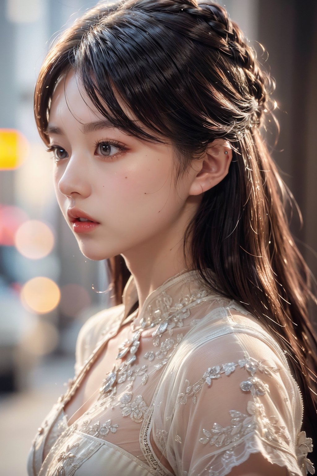 1girl, girl,in the street,suspender skirt,full-face-blush,looking to the side,profile,cinematic angle,feature article or story,(RAW photo, best quality),(realistic, photo-realistic:1.3),(extremely delicate and beautiful:1.1),Amazing,finely detail,masterpiece,ultra-detailed,highres,best illustration,best shadow,intricate,(extremely intricate:1.2),(exquisitely detailed skin),cinematic light,perfect anatomy,(coolcolor:1.4),sharp focus,volumetric fog,8k UHD,DSLR,high quality,( film grain:1.4),Fujifilm XT3,