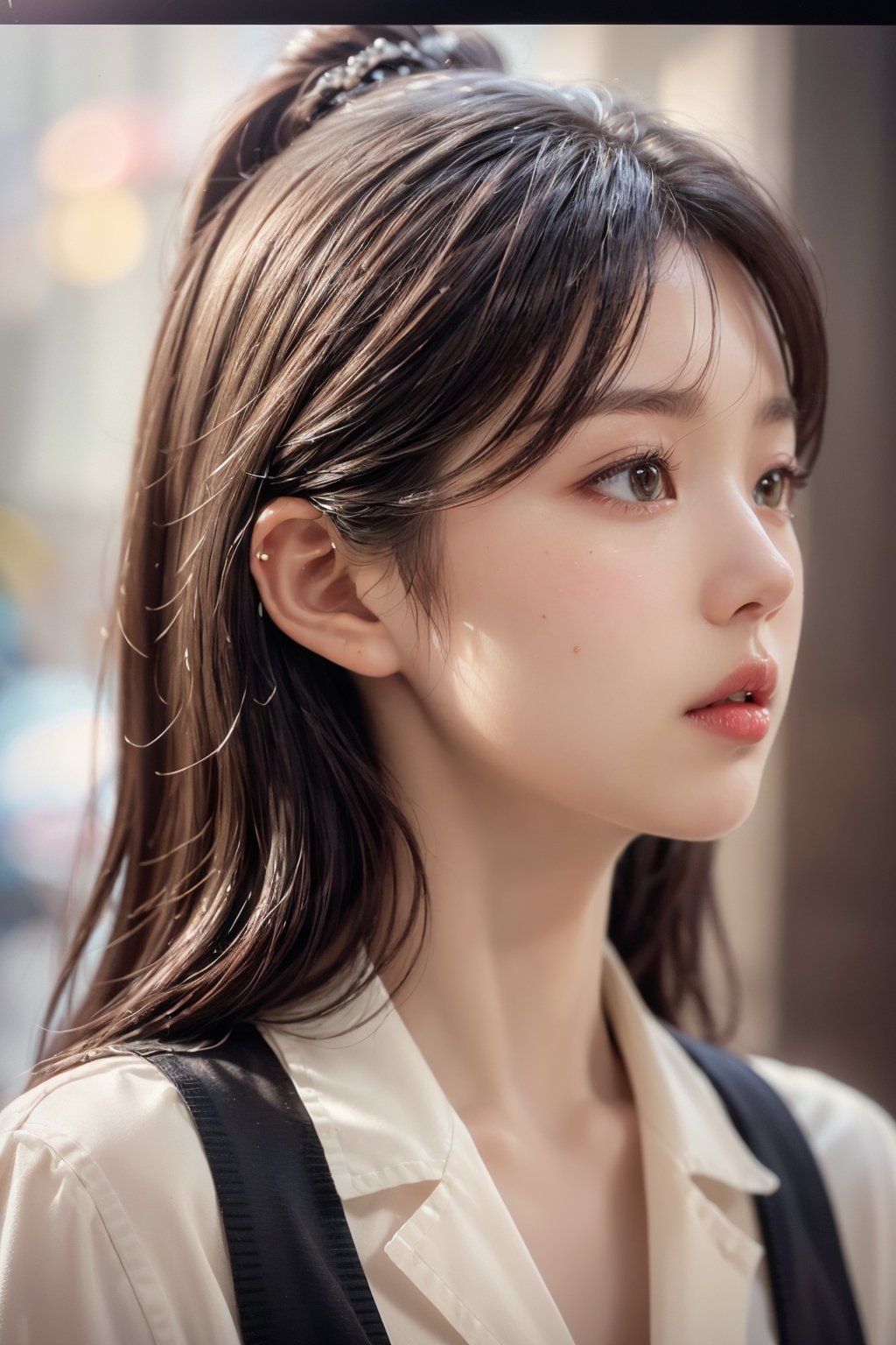 1girl,asian girl,in the street,suspender skirt,full-face-blush,looking to the side,profile,cinematic angle,feature article or story,(RAW photo, best quality),(realistic, photo-realistic:1.3),(extremely delicate and beautiful:1.1),Amazing,finely detail,masterpiece,ultra-detailed,highres,best illustration,best shadow,intricate,(extremely intricate:1.2),(exquisitely detailed skin),cinematic light,perfect anatomy,(coolcolor:1.4),sharp focus,volumetric fog,8k UHD,DSLR,high quality,( film grain:1.4),Fujifilm XT3,