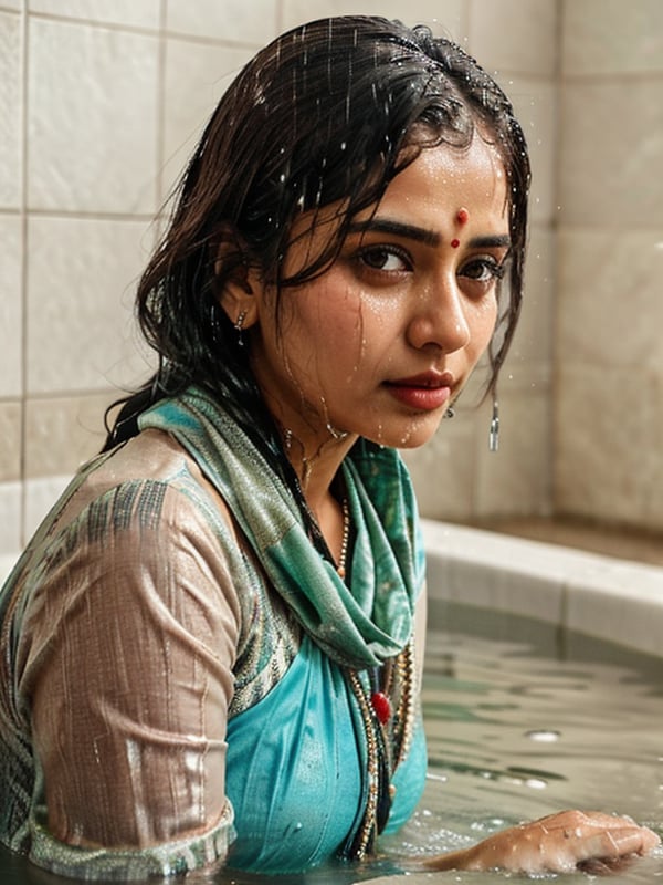 a woman in a sari with a necklace on her neck, a character portrait by Manjit Bawa, behance contest winner, bengal school of art, studio portrait, maximalist, studio photography,
, featured on instagram, samikshavad, elegant, rich color palette, 1920s

  ((wet clothes, wet hair, bathing in water, face focused, skin pores, long sleeve blouse, saree, detail face, heavy rain, shawl)),wet hair,girl wearing indian saree,aliabhatt,SoakingWetClothes