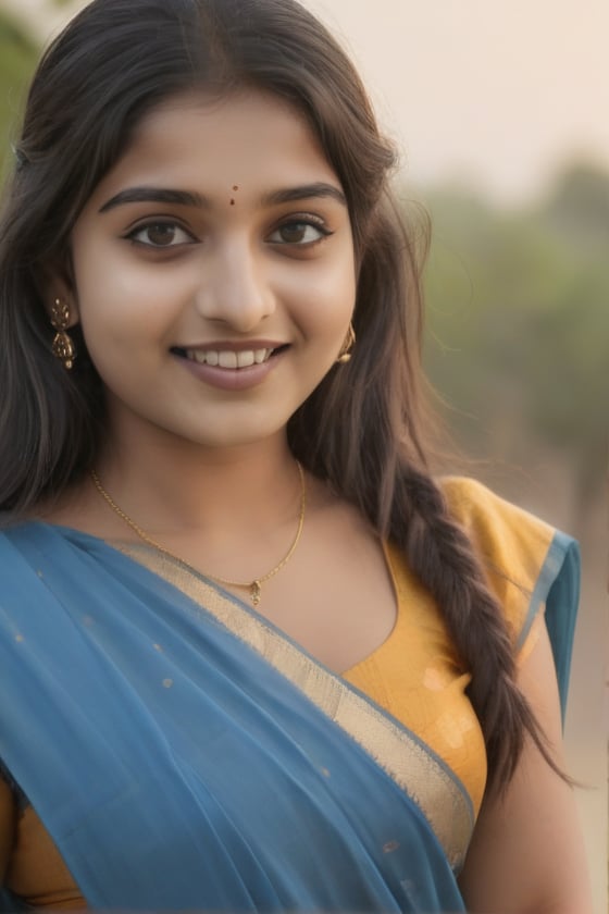 lovely smily face under 21 year old indian girl with blue sari, farfact nose, farfact eye and hand lage zoom in poses like model face on cemra, right hand under face sunset on her face she is wallking on indian village leg on real lenth 