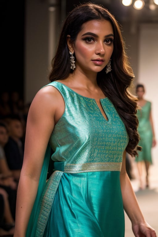 A photo of a pretty woman with long hair, bored, She wears a sleeveless kurti, krutis,  a woman, perfect hair, (modern photo, Aqua Green  elegant haute couture model outfit, dress), closeup portrait, 85mm lens, (analog, cinematic, film grain:1.3), (walking on the runway), ((detailed eyes)), (epicPhoto), (color picture:1.1), jewelry, makeup, (looking at viewer)