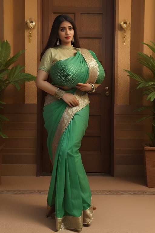 big_breast ,full_body,green saree in the rood,