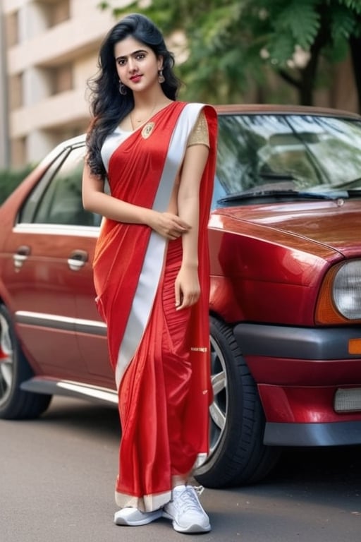 a cute hot sexy hindu girl standing , she must wear red saree dress,  white sneakers