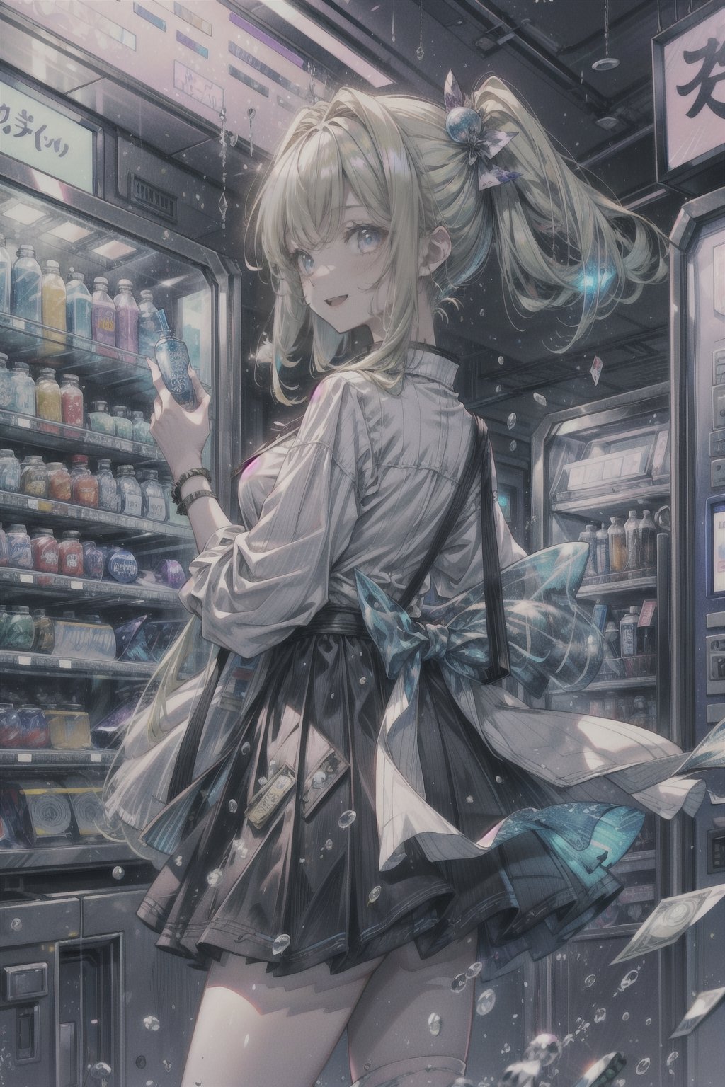 ((best quality, masterpiece, absurdres, super-resolution)) photo of beautiful jpn-gyaru, solo, Green,Blonde,Purple,White hair, standing in playground, from far, from side, glossy, beautiful anime eyes with luster reflection, beautiful, money, coins, drinks, bottled water, can soda, (ramune:1), vending machine on background