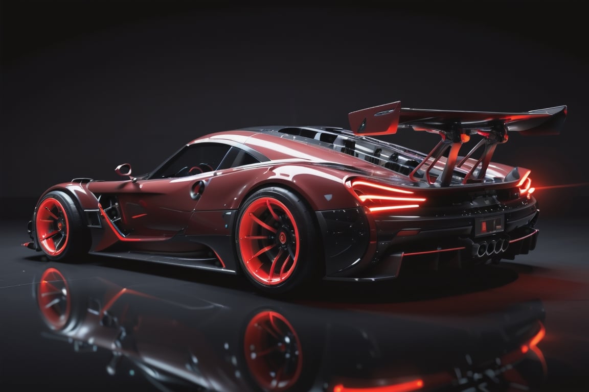 Photo of Pagani,car exhibition, black background,neon light,pro photography, professional,car photography , high quality, cg, masterpiece, details , concept car, fancy cyborg design, futuristic, cyborg style,cyberpunk style, Black color, glossy, Light red color wheels,detailmaster2, high details, front perspective view,cyberpunk,pturbo,neon photography style