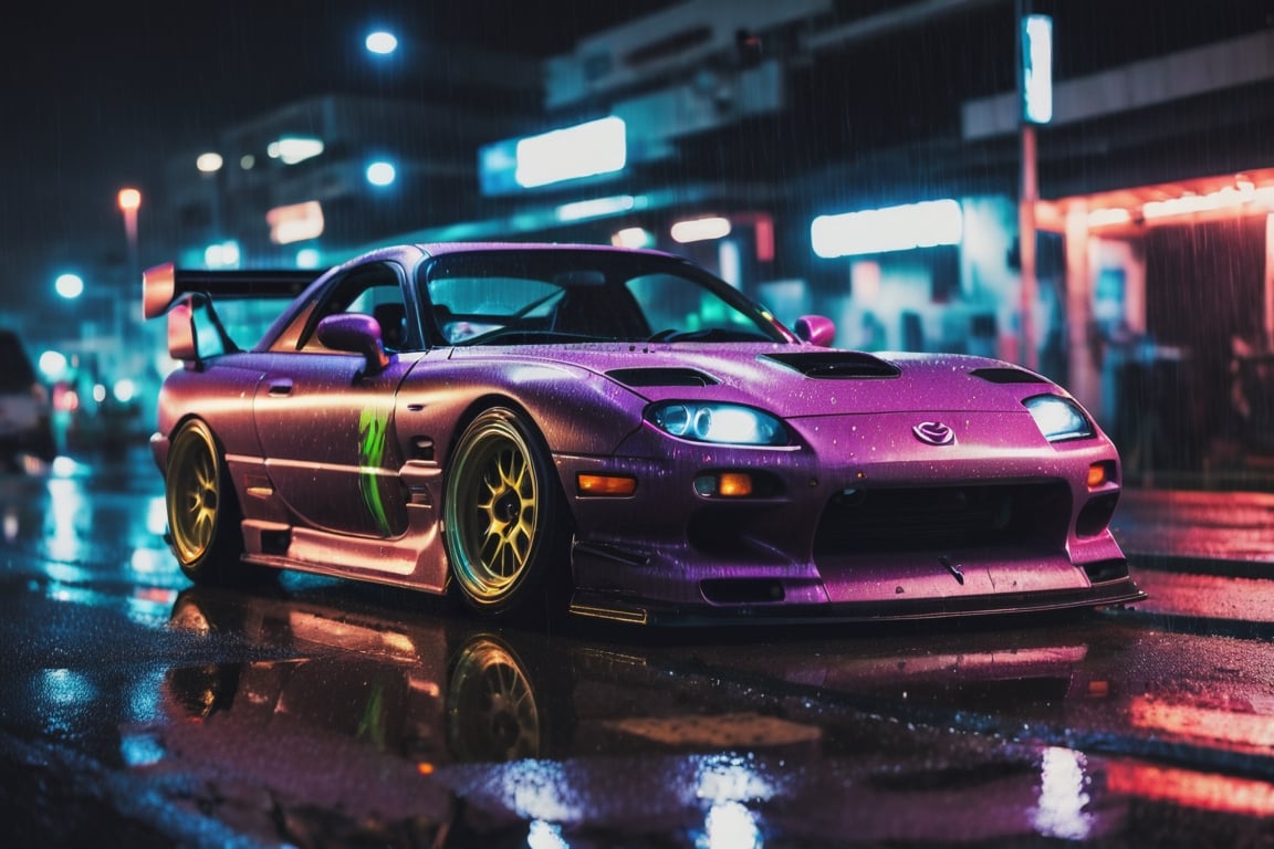 a photo of a 90s JDM Mazda RX-7 FD3S at night, neon lights, rain, particles, shot on a Sony mirrorless, DSLR