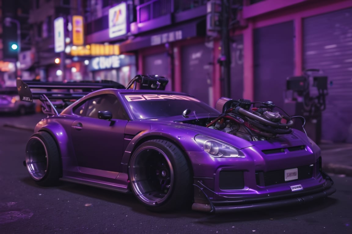 dark purple nissan skyline gtr in a neon city at night, shot with a sony mirrorless, 35mm, photography, cinematic, anti-aliasing, CGI, --v 4