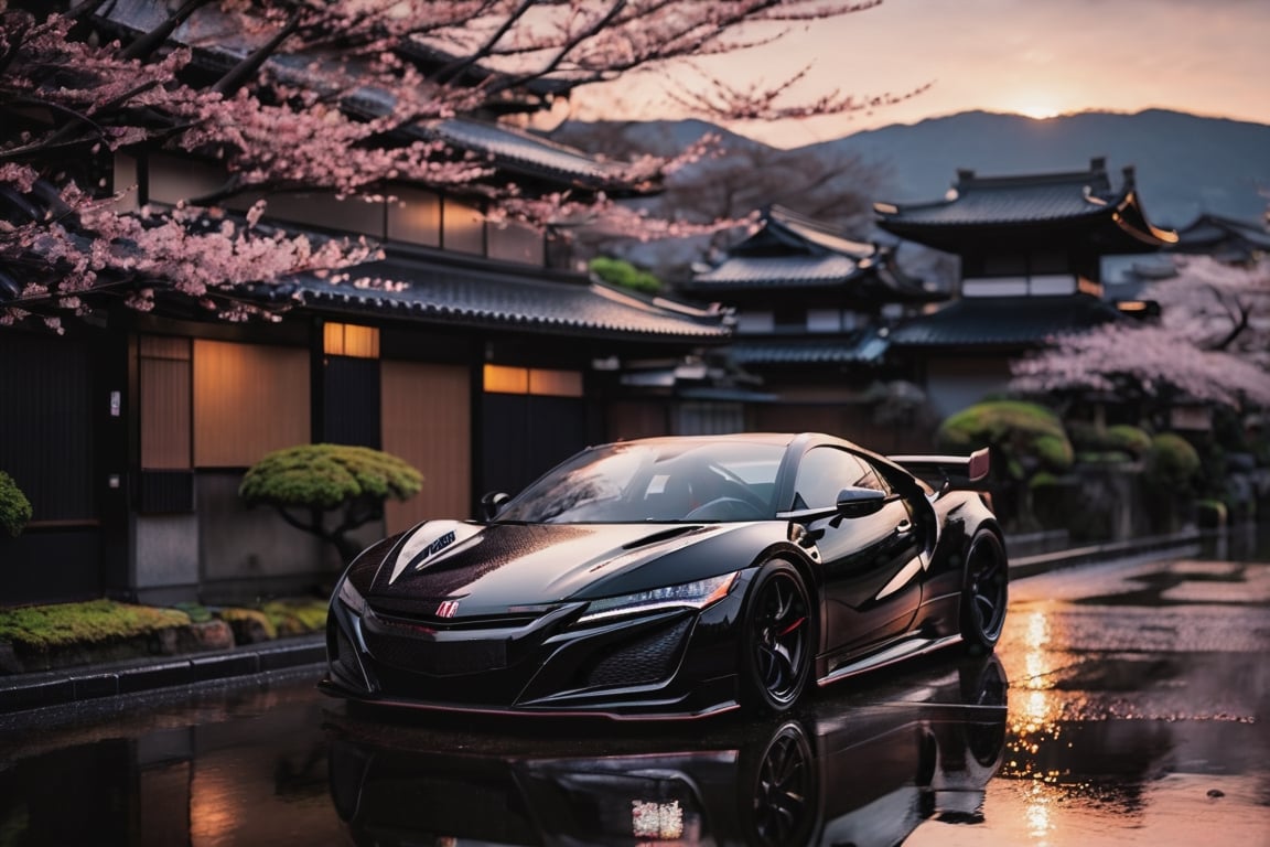 Black Honda NSX in kyoto at sunset, rain, cherry blossoms, reflection, side profile, sunset, photography, 8k, realistic, shot on sony mirrorless camera, ultra detailed, photorealistic