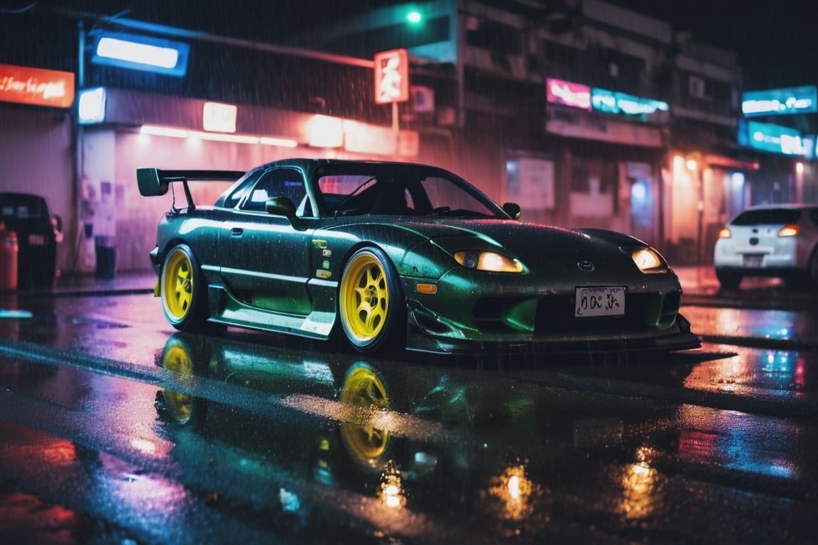 a photo of a 90s JDM Mazda RX-7 FD3S at night, neon lights, rain, particles, shot on a Sony mirrorless, DSLR