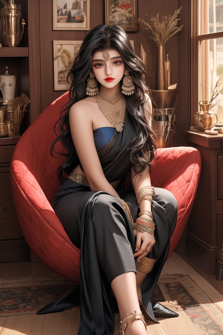 beautiful cute young attractive indian teenage gir, 18 years old, cute, Instagram model, long black_hair, colorful hair, warm, dacing, in home sit at egg chair, indian,saree wearing, neckles, heels 