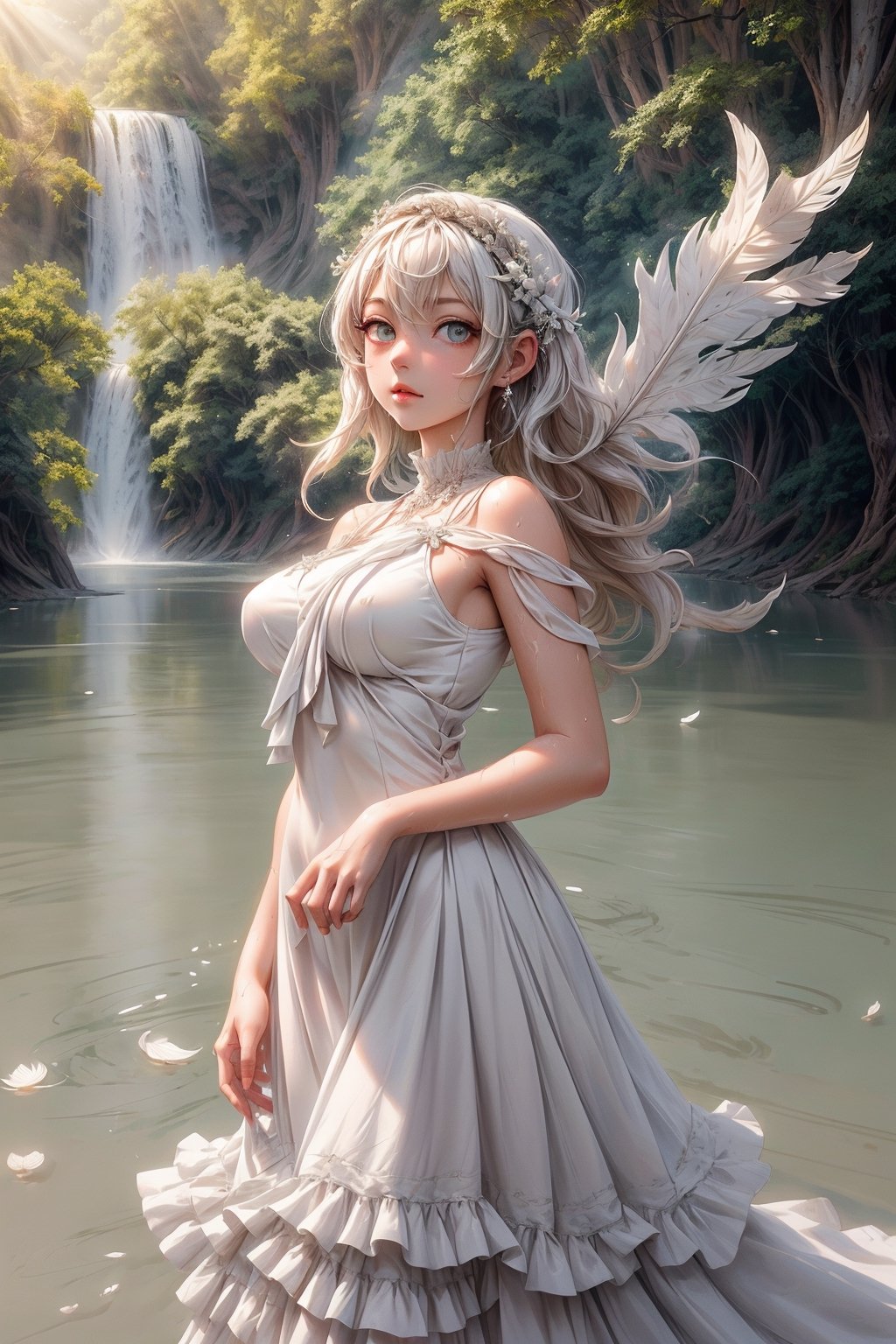 (extremely detailed CG unity 8k wallpaper),(((masterpiece))), (((best quality))), ((ultra-detailed)), (best illustration),(best shadow), ((an extremely delicate and beautiful)),dynamic angle,floating, solo,((1girl)),{long wavy curly hair},expressionless,((white idol dress)), anglesailor dress,(detailed wet clothes),silk shawl,bikini,underboob, frills,cute anime face,blush,(beautiful detailed eyes), (detailed light),feather, nature, (sunlight), river, (forest),(((floating palace))),beautiful and delicate water,(painting),(sketch),(bloom),(shine),