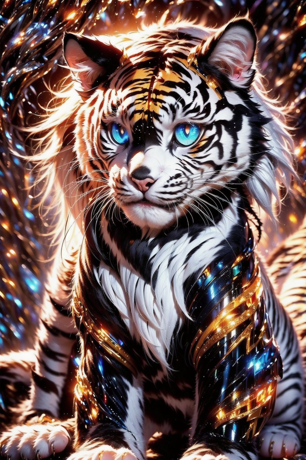 (mecha tiger,robot cat),(black and white entanglement),(crystal and silver entanglement),Masterpiece, beautiful details, perfect focus, uniform 8K wallpaper, high resolution, exquisite texture in every detail, ((background Blur: 2)),  accessories like leaf-shaped earrings and flower crowns.  break pastel,perfect light
,glowing eye,cat