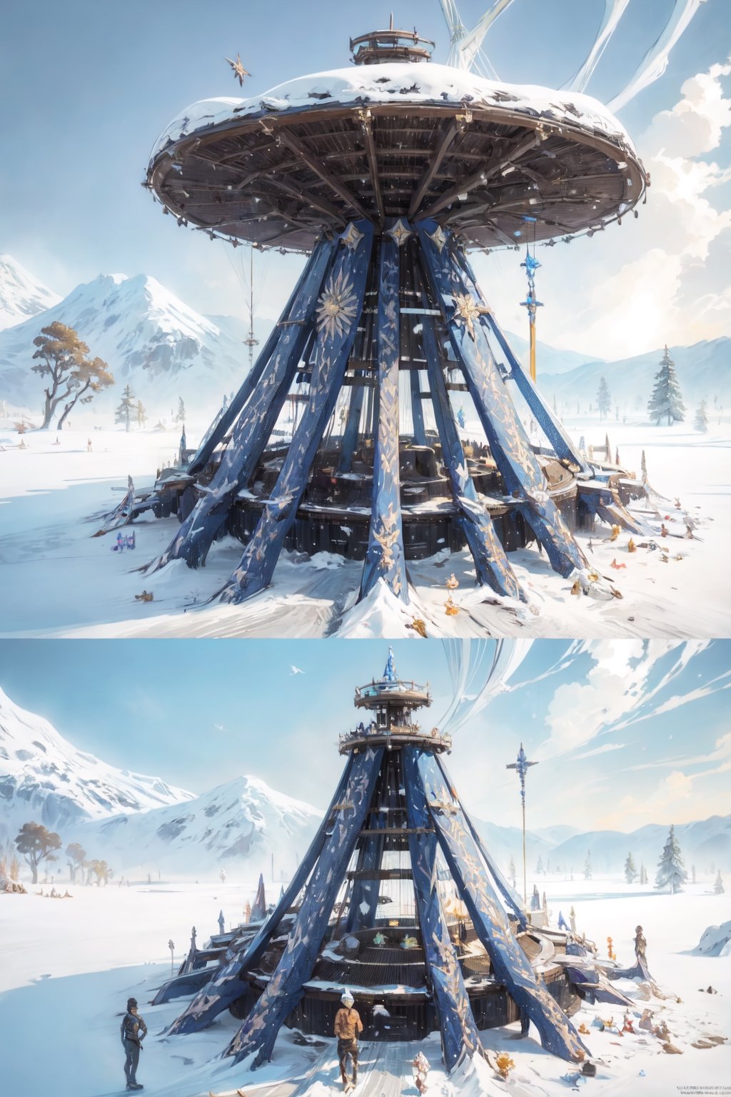 masterpiece, panels solar tree. on top of the snow, very high quality, ultra high definition, 32K, ultra photorealistic, high detail, more detail, BurningMan festival style, meting point statue,velvaura