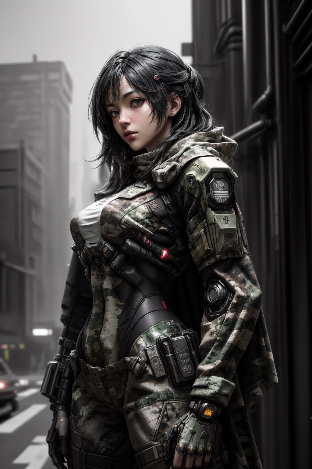 ((Best quality)), ((masterpiece)), (highly detailed:1.3), 3D, beautiful (cyberpunk:1.2) special forces, robort,female with thick voluminous hair wearing (wearing camouflage_uniform:1.1), body armour,cape,digital (camouflage:1.3),HDR (High Dynamic Range),Ray Tracing,NVIDIA RTX,Super-Resolution,Unreal 5,Subsurface scattering,PBR Texturing,Post-processing,Anisotropic Filtering,Depth-of-field,Maximum clarity and sharpness,Multi-layered textures,Albedo and Specular maps,Surface shading,Accurate simulation of light-material interaction,Perfect proportions,Octane Render,Two-tone lighting,Wide aperture,Low ISO,White balance,Rule of thirds,8K RAW,Efficient Sub-Pixel,sub-pixel convolution,photorealistic,perfect,hand,fingers,cbpkv5