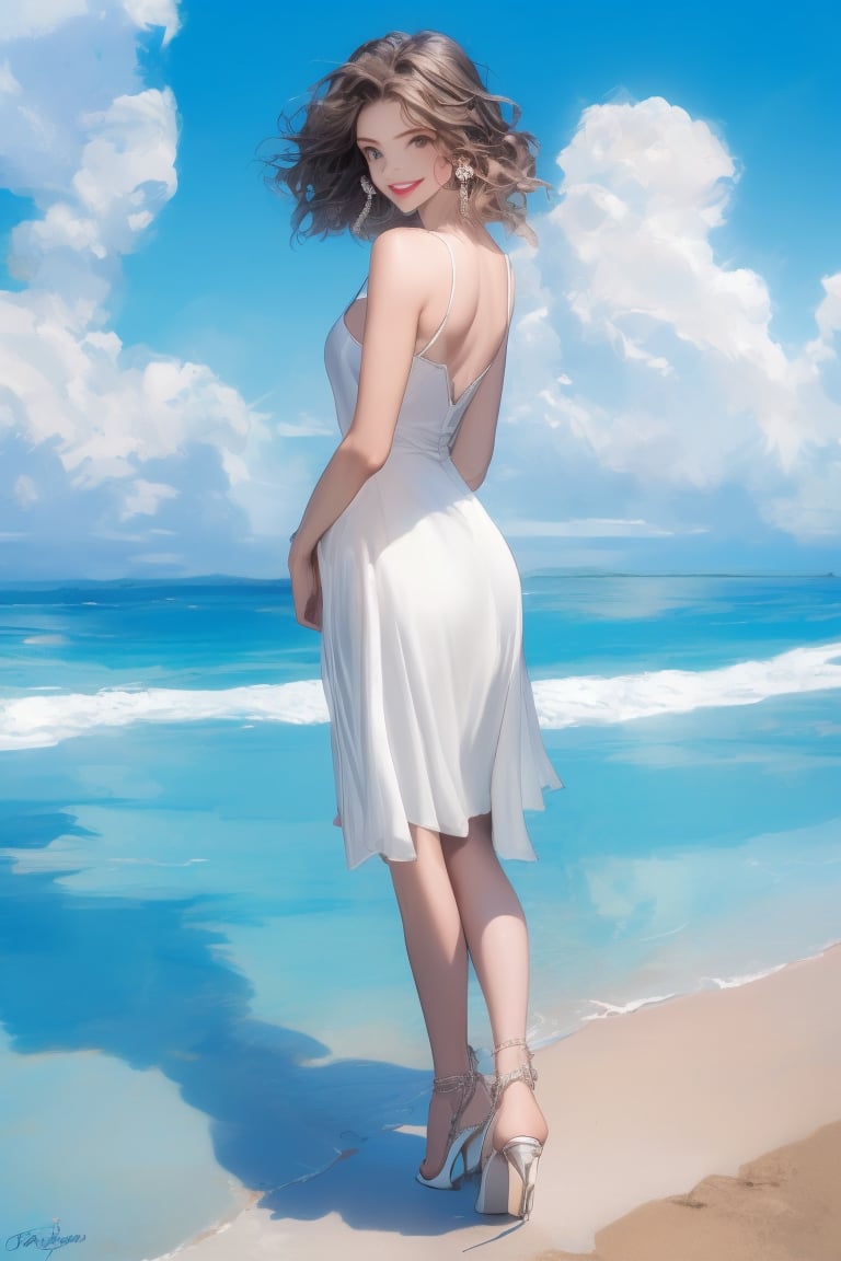 1girl, solo, looking at viewer, smile, short hair, brown hair, dress, brown eyes, jewelry, standing, full body, earrings, outdoors, sky, day, looking back, cloud, water, from behind, white dress, high heels, blue sky, ocean, beach, realistic, waves