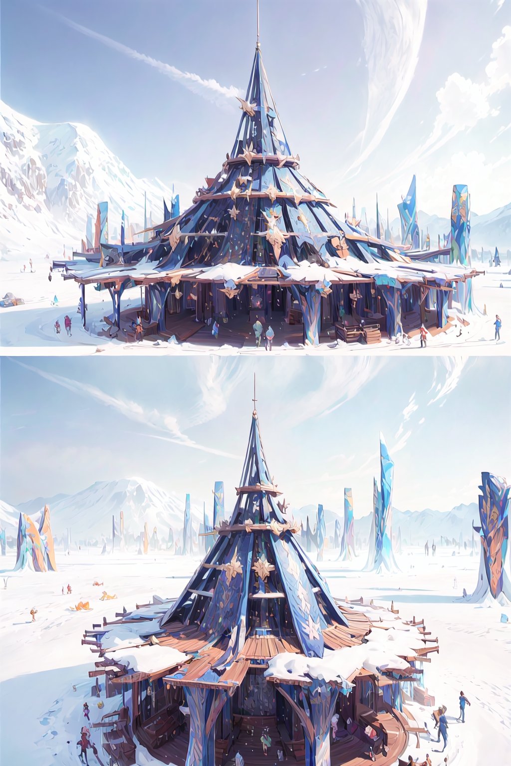 masterpiece, panels solar tree. on top of the snow, very high quality, ultra high definition, 32K, ultra photorealistic, high detail, more detail, BurningMan festival style, meting point statue,velvaura