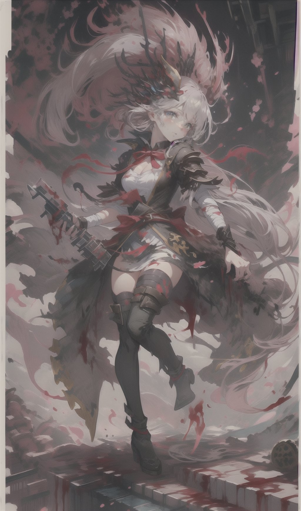 full body,Blood Mist, background_Urban rooftop,1 girl,despair,blood sakura,((masterpiece)), (((best quality))), ((ultra-detailed)), ((illustration)), ((disheveled hair)),Blood Cherry Blossom,torn clothes,crying with eyes open,solo,Blood Rain,bandages,Gunpowder smoke,beautiful deatailed shadow, Splashing blood,dust,tyndall effect,fantasy00d