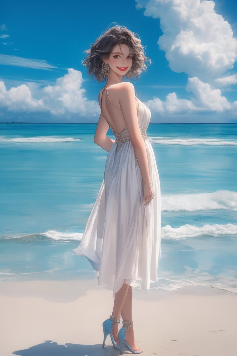 1girl, solo, looking at viewer, smile, short hair, brown hair, dress, brown eyes, jewelry, standing, full body, earrings, outdoors, sky, day, looking back, cloud, water, from behind, white dress, high heels, blue sky, ocean, beach, realistic, waves