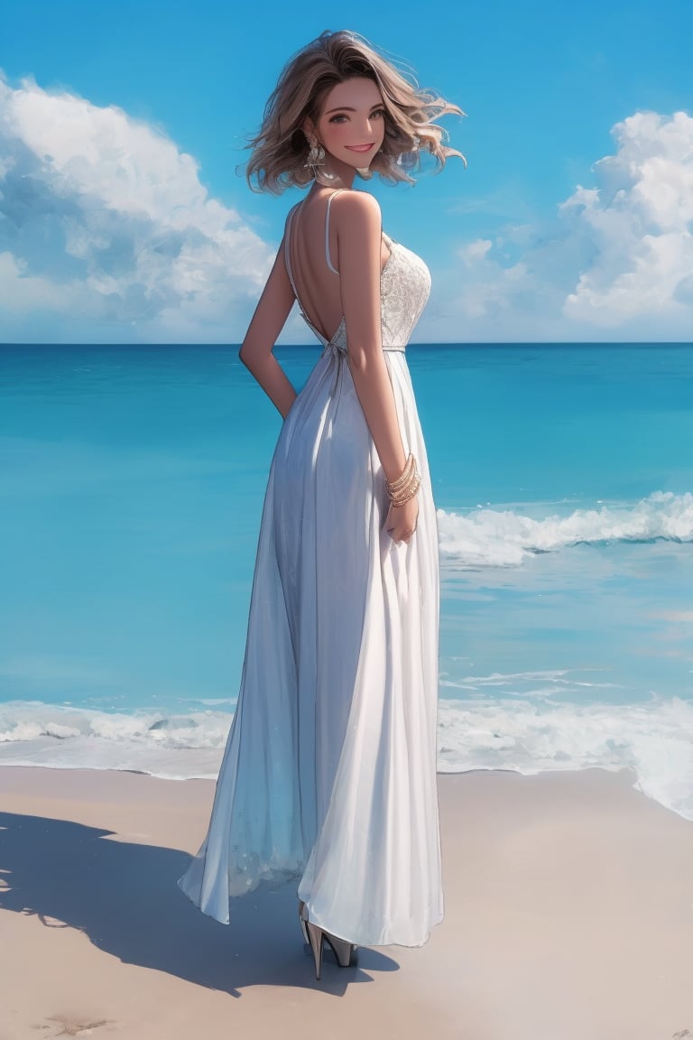 1girl, solo, looking at viewer, smile, short hair, brown hair, dress, brown eyes, jewelry, standing, full body, earrings, outdoors, sky, day, looking back, cloud, water, from behind, white dress, high heels, blue sky, ocean, beach, realistic, waves