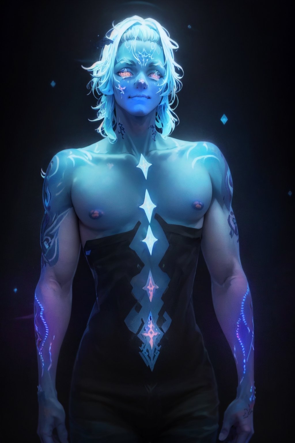 (extreamly delicate and beautiful:1.2), 8K, (tmasterpiece, best:1.2), (MALE:1.5) masterpiece, best quality, (detailed:1.3) halfnaked body with pale skin and (long_white_hair:1.4). All of his pale skin there are (blue_glowing_tattoes:1.5), on face, on body. (MAGICAL_BIOLUMINESCENT_TATTOOES:1.5) Naked upper body, paleblue colour dominating, cloudy night, sharp focus, highly detailed, Magical Fantasy style,GlowingRunesAI_blue,,bioluminescent fbpz body paint,Eren_jaeger_face,4rmorbre4k,GlowingRunesAI_blue