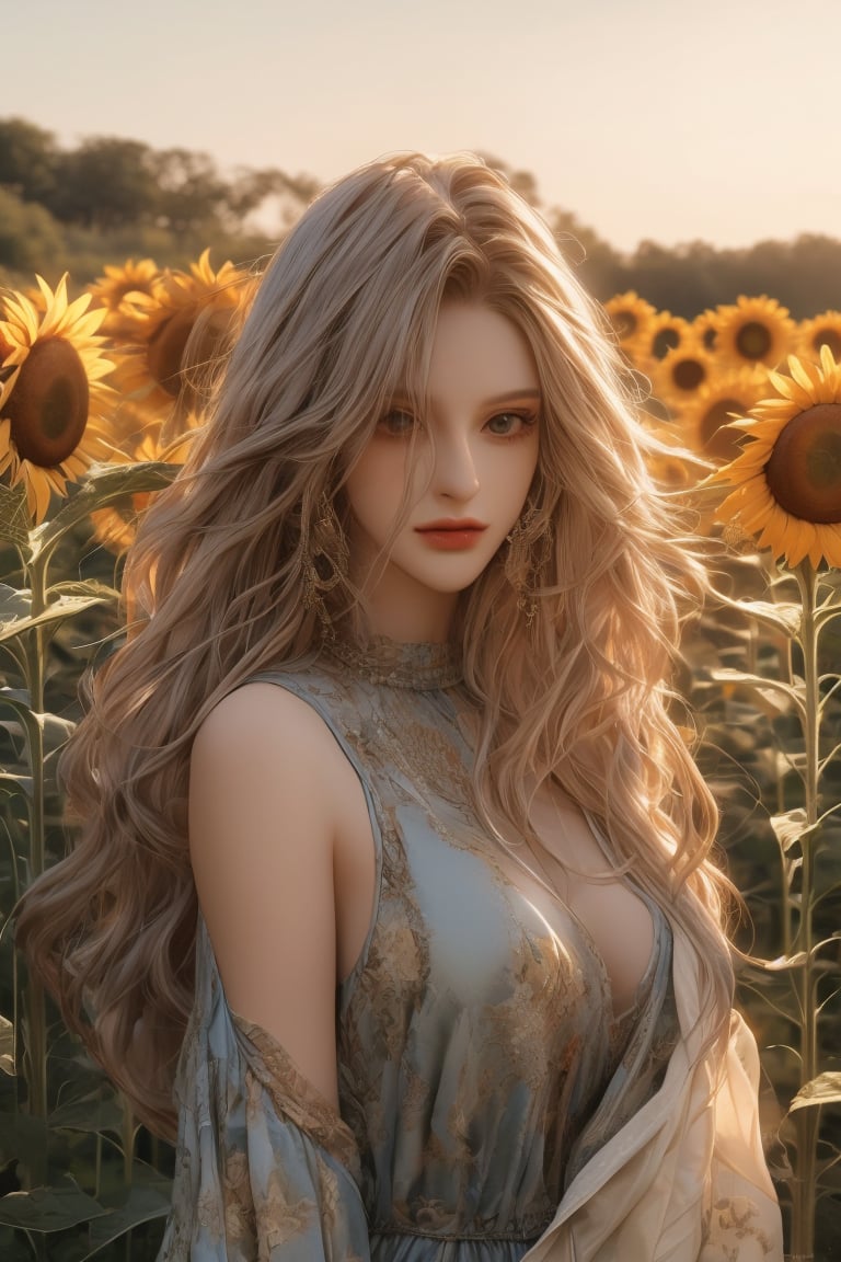  A beautiful woman. Sunflower field. Best Quality, Crazy Details and Sharp Focus, Masterpiece, Professional, Award Winning, Fine Detail, High Detail, UHD, 64k, Soft Look