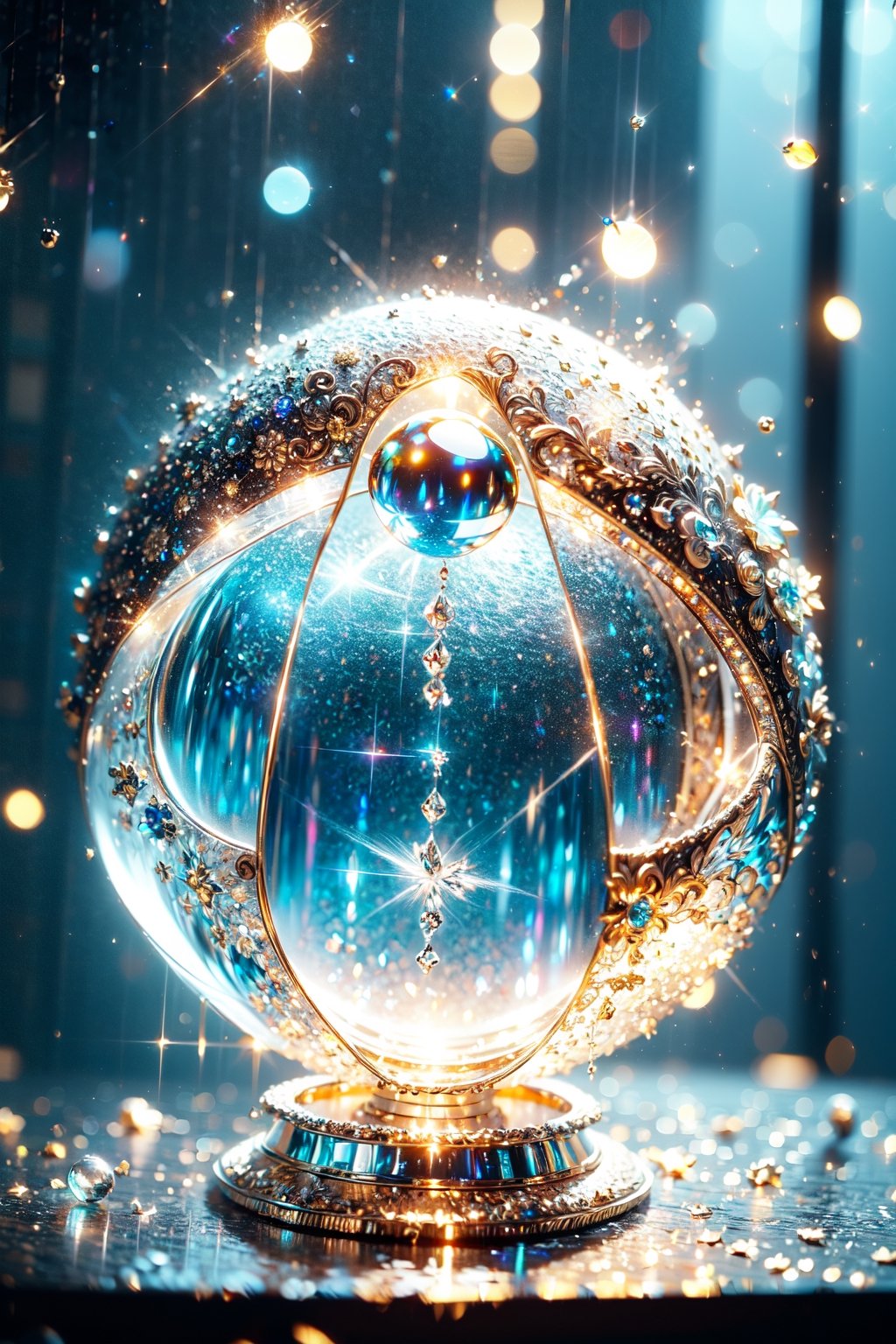 crystal magic circle,spaceship,glitter ,gold crystal ball,blue flowers shine in background 