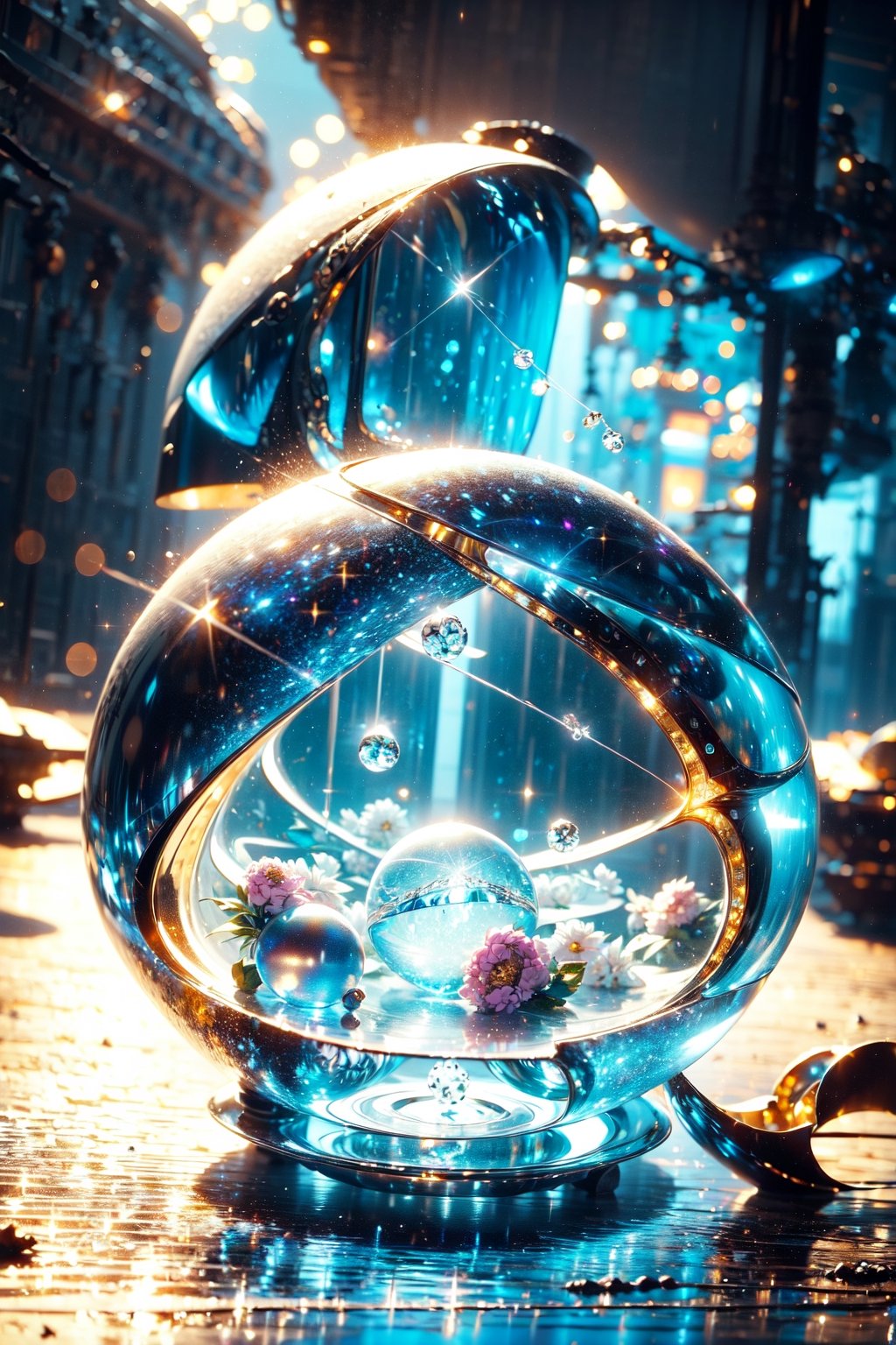 crystal magic circle,spaceship,glitter ,gold crystal ball,blue flowers shine in background 