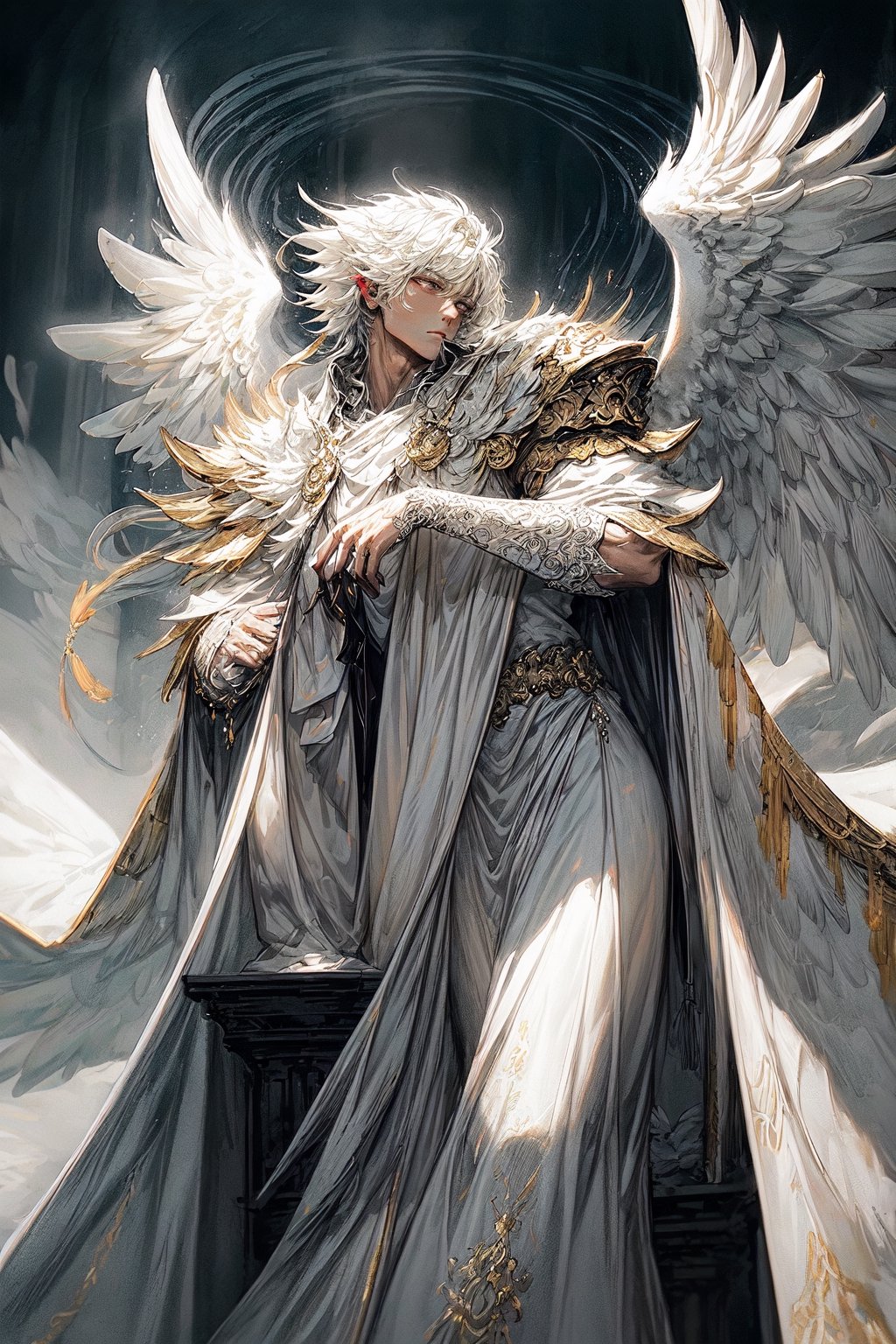 8k, Fluffy White Angel male perched upon golden bejeweled tower in a heavenly utopian city, huge feathery angel wings, glowing nebula eyes, white flowing clouds, ivory armor with diamond gem inlay, trending on artstation, sharp focus, studio photo, intricate details, highly detailed, by tim burton