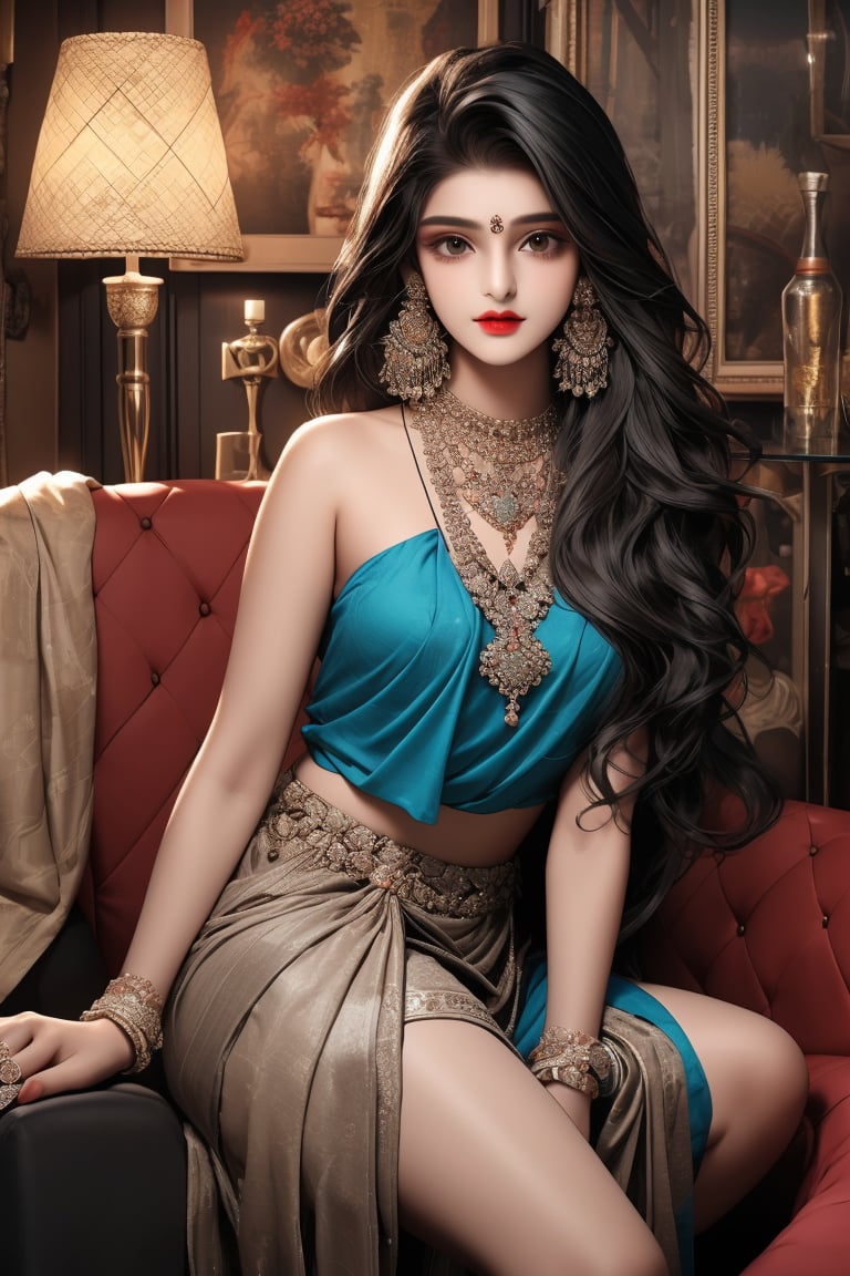 beautiful cute young attractive indian teenage gir, 18 years old, cute, Instagram model, long black_hair, colorful hair, warm, dacing, in home sit at egg chair, indian,saree wearing, neckles, heels 