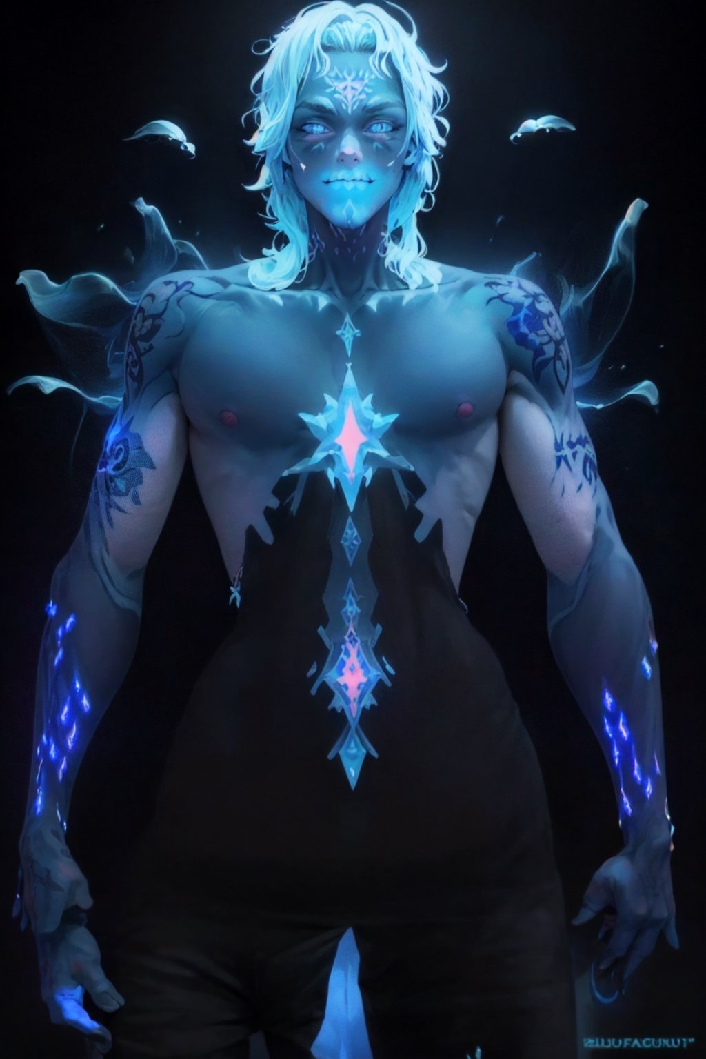 (extreamly delicate and beautiful:1.2), 8K, (tmasterpiece, best:1.2), (MALE:1.5) masterpiece, best quality, (detailed:1.3) halfnaked body with pale skin and (long_white_hair:1.4). All of his pale skin there are (blue_glowing_tattoes:1.5), on face, on body. (MAGICAL_BIOLUMINESCENT_TATTOOES:1.5) Naked upper body, paleblue colour dominating, cloudy night, sharp focus, highly detailed, Magical Fantasy style,GlowingRunesAI_blue,,bioluminescent fbpz body paint,Eren_jaeger_face,4rmorbre4k,GlowingRunesAI_blue