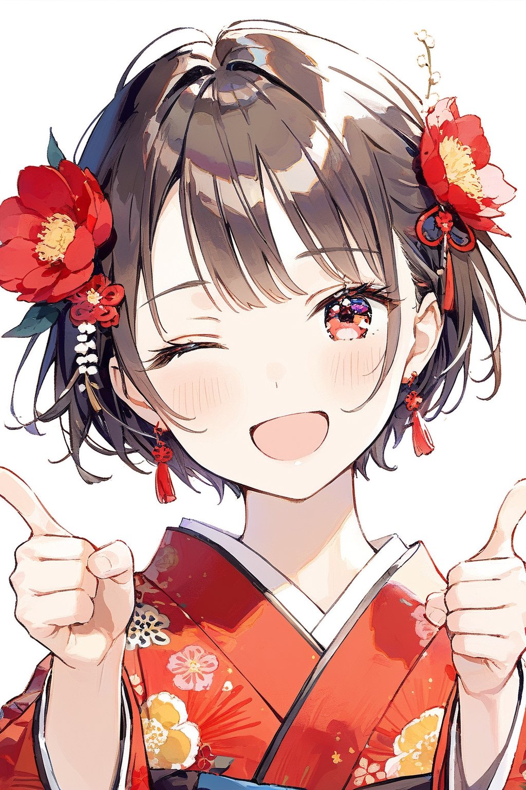 a cute girl,dark brown short hair BREAK red flower hair ornament BREAK red kimono,（eyes closed：1.4）,（double thumbs up：1.2）,:d,natural light,dangle earrings,flower hairpin,blush,masterpiece, best quality, aethetic