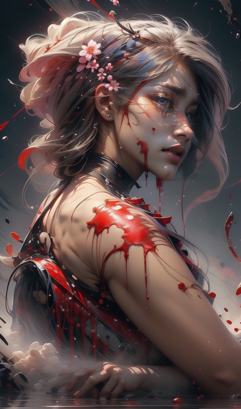 full body,Blood Mist, background_Urban rooftop,1 girl,despair,blood sakura,((masterpiece)), (((best quality))), ((ultra-detailed)), ((illustration)), ((disheveled hair)),Blood Cherry Blossom,torn clothes,crying with eyes open,solo,Blood Rain,bandages,Gunpowder smoke,beautiful deatailed shadow, Splashing blood,dust,tyndall effect