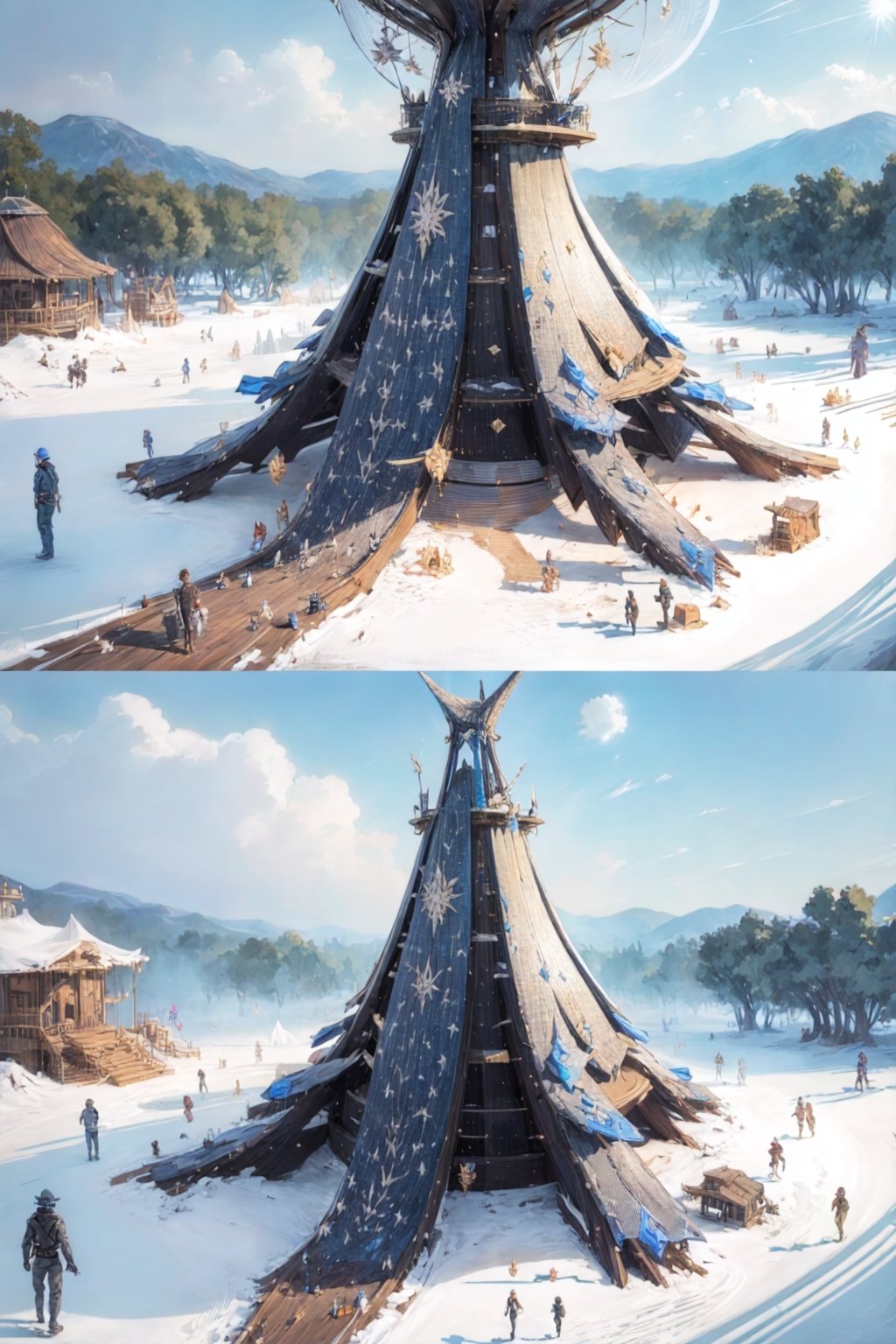 masterpiece, panels solar tree. on top of the snow, very high quality, ultra high definition, 32K, ultra photorealistic, high detail, more detail, BurningMan festival style, meting point statue,velvaura