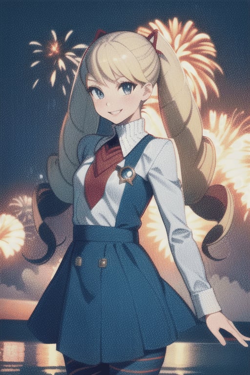 
TWINTAILS, TWIN DRILLS, Luna_MM, twin tails, drill hair, blonde, blond_hair, big hair, big red ribbon in hair, cowboy shot, scenic view, smile, parted lips , striped tights,blue dress, school uniform, skirt, 

exploding fireworks ,