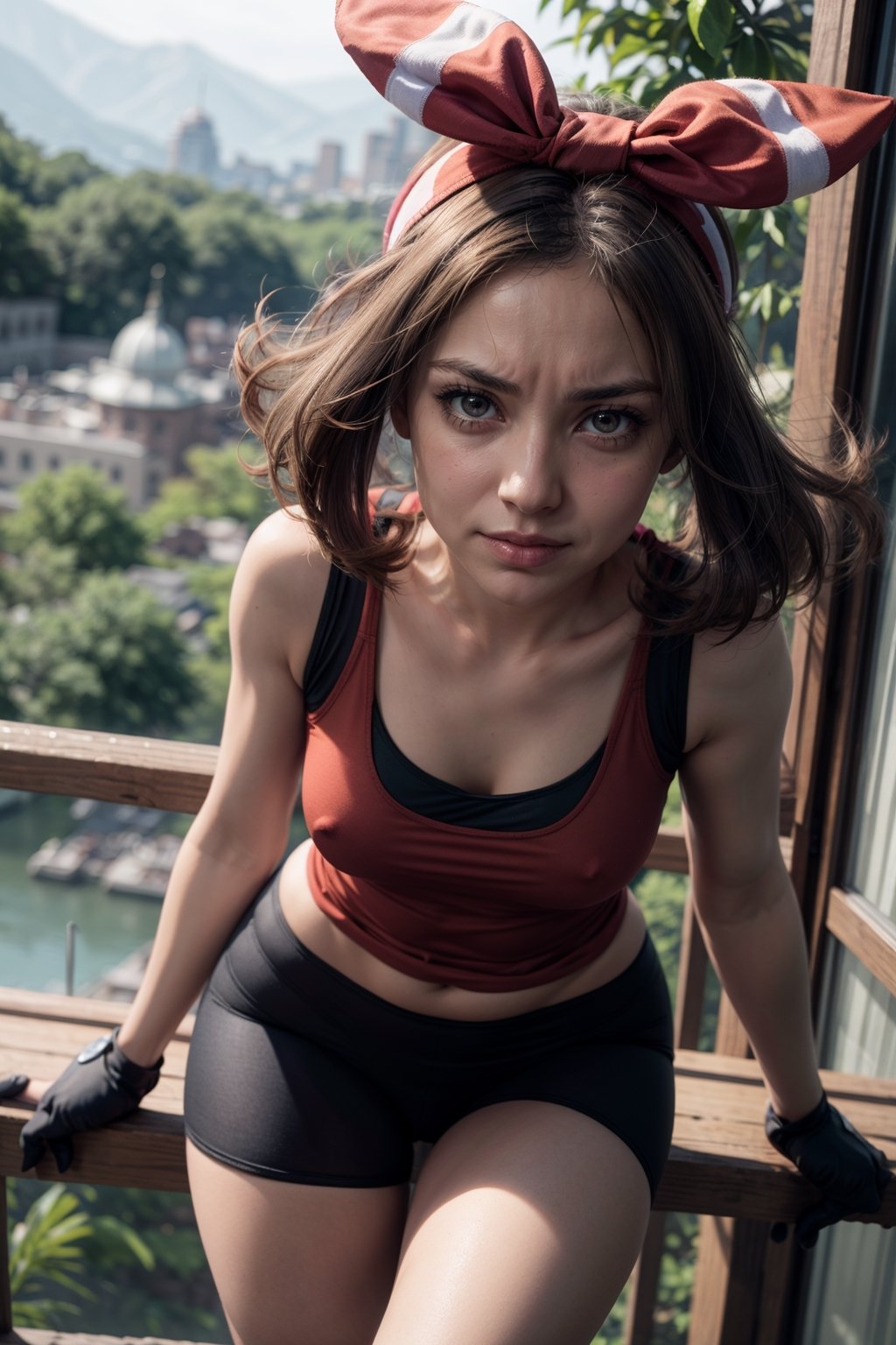   smile,   mature_woman, 27 years old, stern expression, frustrated, disappointed, flirty pose, sexy, looking at viewer, scenic view, Extremely Realistic, high resolution, masterpiece, 

may, 1girl, solo, looking at viewer, shirt, eyelashes, bike shorts, bandana, red shirt, hairband, medium hair, gloves, shorts, bow hairband, sleeveless, red bandana, tight white pencile skirt, 