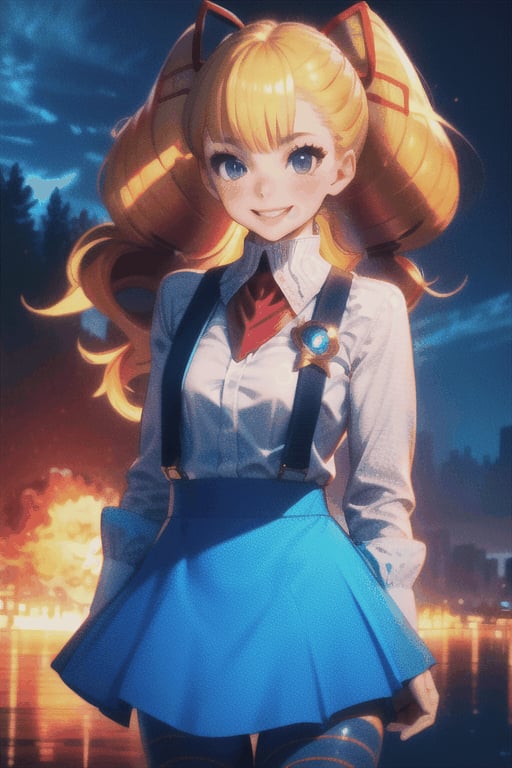 
TWINTAILS, TWIN DRILLS, Luna_MM, twin tails, drill hair, blonde, blond_hair, big hair, big red ribbon in hair, cowboy shot, scenic view, smile, parted lips , striped tights,blue dress, school uniform, skirt, 

exploding fireworks ,CLOUD,midjourney